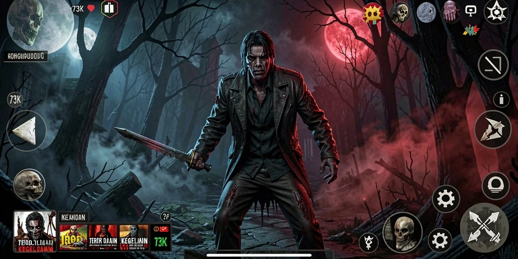 Screenshot gameplay 73K menampilkan suasana mencekam dan karakter menyeramkan.