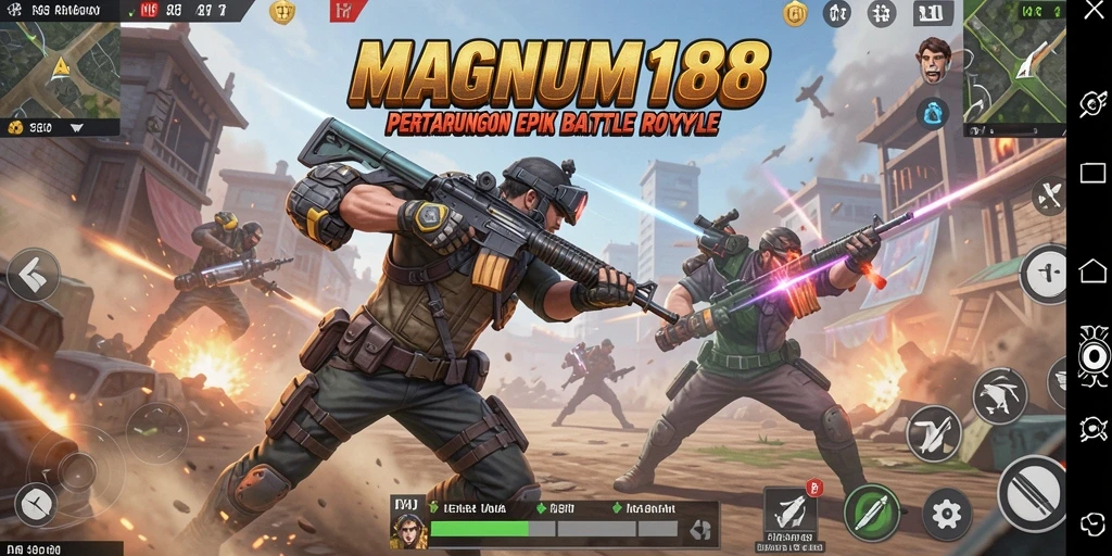 Tangkapan layar utama MAGNUM188 menampilkan aksi seru dalam pertempuran Battle Royale.