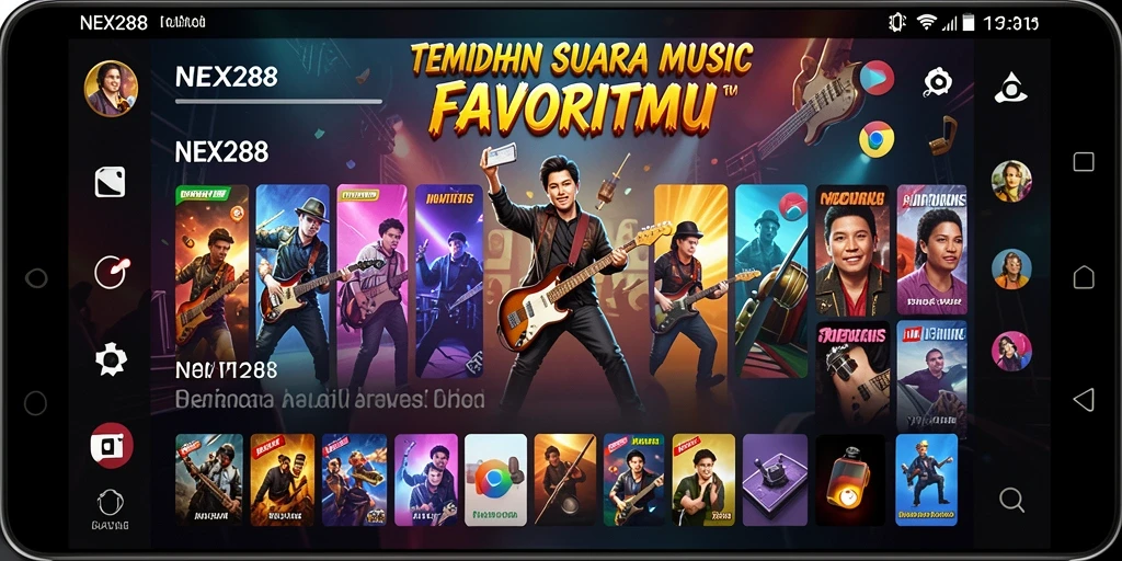 Tampilan gameplay NEX288 menampilkan berbagai opsi musik interaktif.