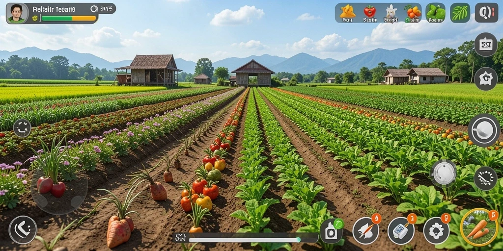 Screenshot gameplay SVIP5 menampilkan pertanian yang rimbun dan hidup.